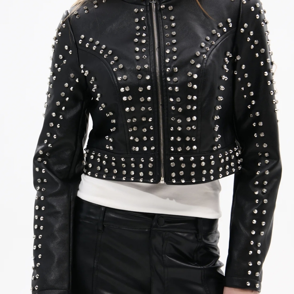 Women's Black Studded w/ Diamonds Leather Jacket - Elevated Moto Style